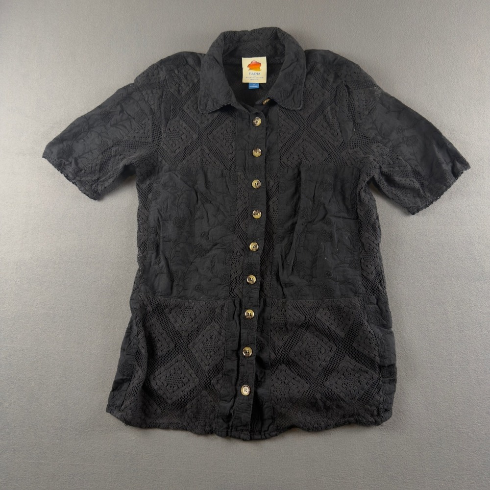 Farm Rio Anthropologie Black Lace Surf Shirt Short Sleeve Cotton Eyelet XS